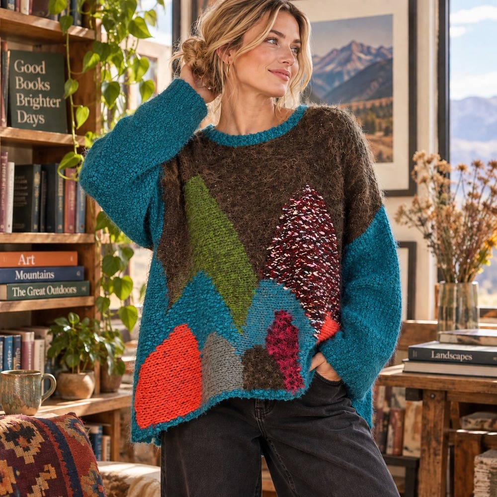 Funsport Womens Fuzzy Knit Colorblock Abstract Mountain Sweater Sz XL Artsy Boho